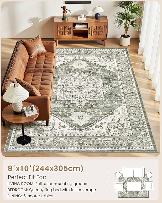 8x10 Vintage Area Rug: Washable Neutral Soft Non Slip Thin Large Floor Carpet - Image 8
