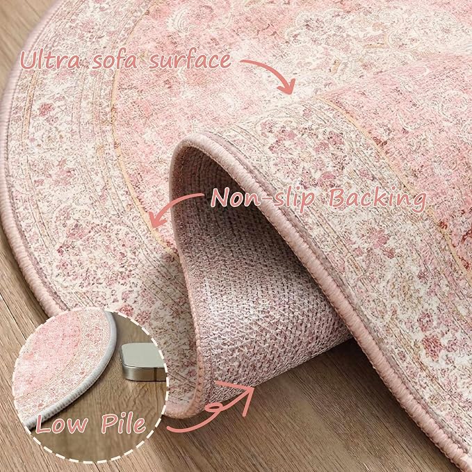 Latte&Fog Vintage 4ft Pink Round Area Rug, Floral Cute Low Pile Non Slip Indoor - Image 6