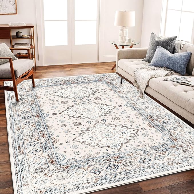 CHAMPLANT Washable Area Rug 8x10 Retro Flowers Boho Design Non-Shedding Easy by CHAMPLANT