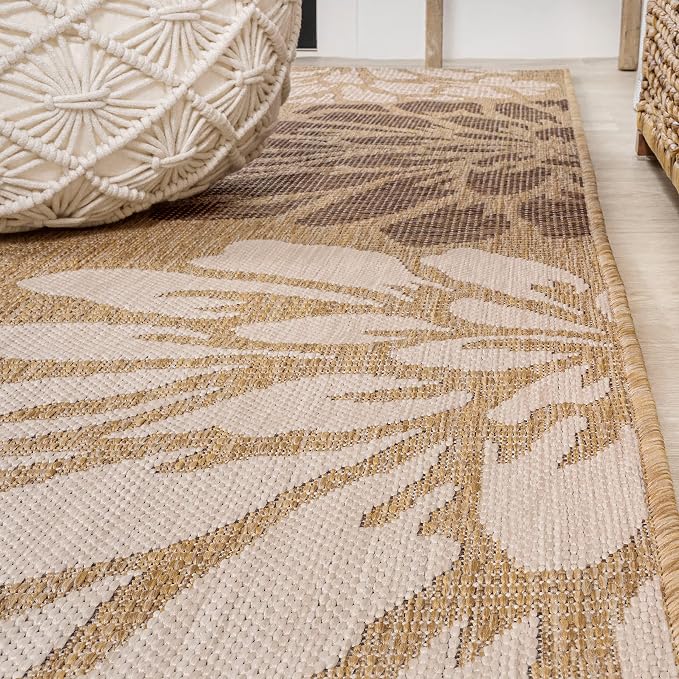 JONATHAN Y Floral Textured Weave Indoor Outdoor Round Area Rug 5 Ft Brown/Cream - Image 4