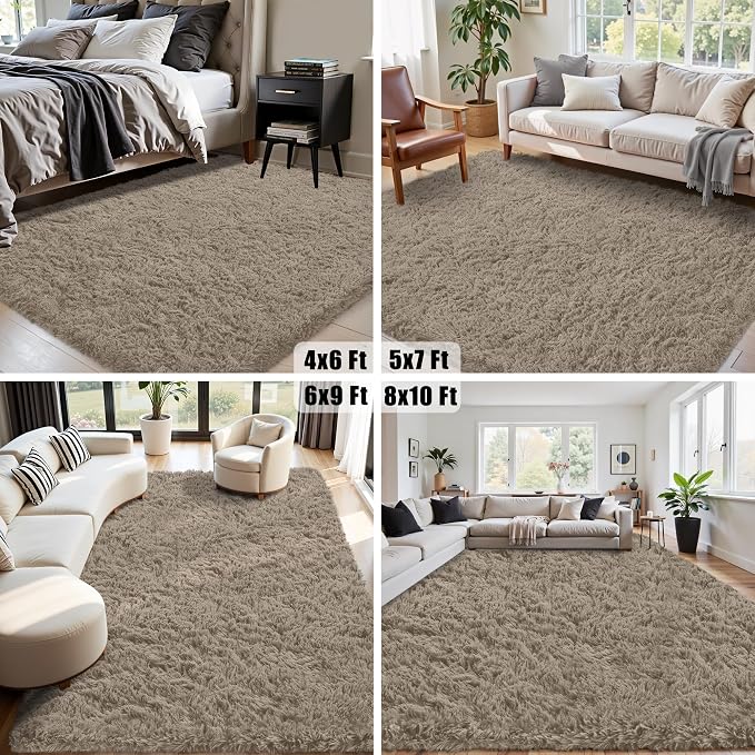5x7 Area Rug for Living Room:Ultra Soft Fluffy Shag Grey Camel Rugs, Large - Image 7
