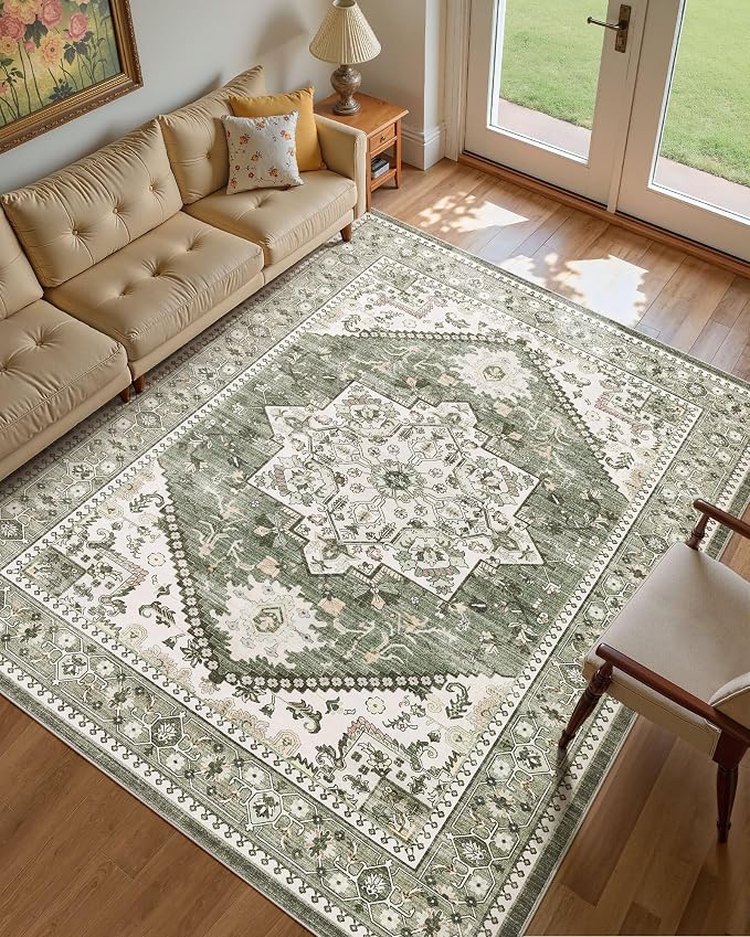 10x14 Vintage Area Rug: Washable Neutral Soft Non Slip Thin Large Floor Carpet - Image 3