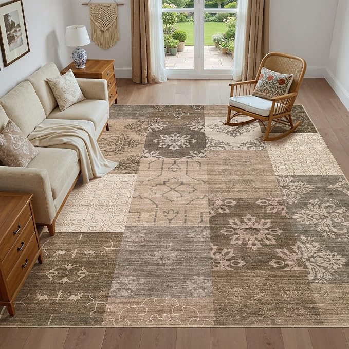 UERMEI 9x12 Area Rug for Living Room, Washable Brown Modern Geometric Patchwork - Image 5