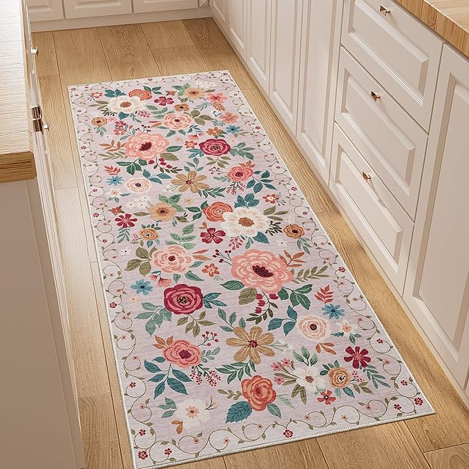 DUKINO 2x5 Runner Rug for Hallway, Washable Kitchen Floral Runner Rug by DUKINO