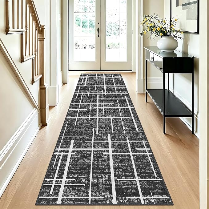 Non Slip Hallway Runner Rug 2x8, Modern Distressed Stripe, Washable Long Rug - Image 3