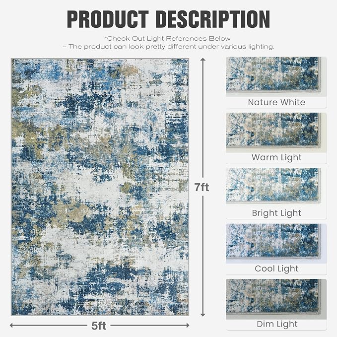 Area Rug 5x7 Living Room Rug Washable: No-Slip Abstract Soft Thin Large Blue - Image 2