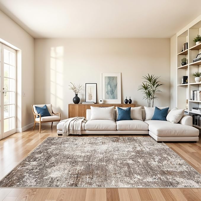 7x9 Modern Living Room Rug – Washable Neutral Abstract Area Rug by BYYVOORugsforYourHome