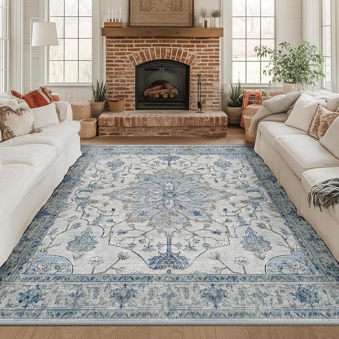 RELEANY Area Rugs Square 8ft Washable Non-Slip, Floral Vintage Distress by RELEANY