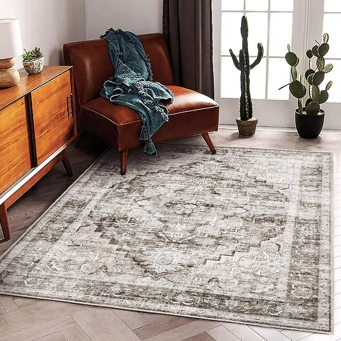 CHAMPLANT 3'x5' Deep Khaki Vintage Washable Thin Area Rug Traditional Floor by CHAMPLANT