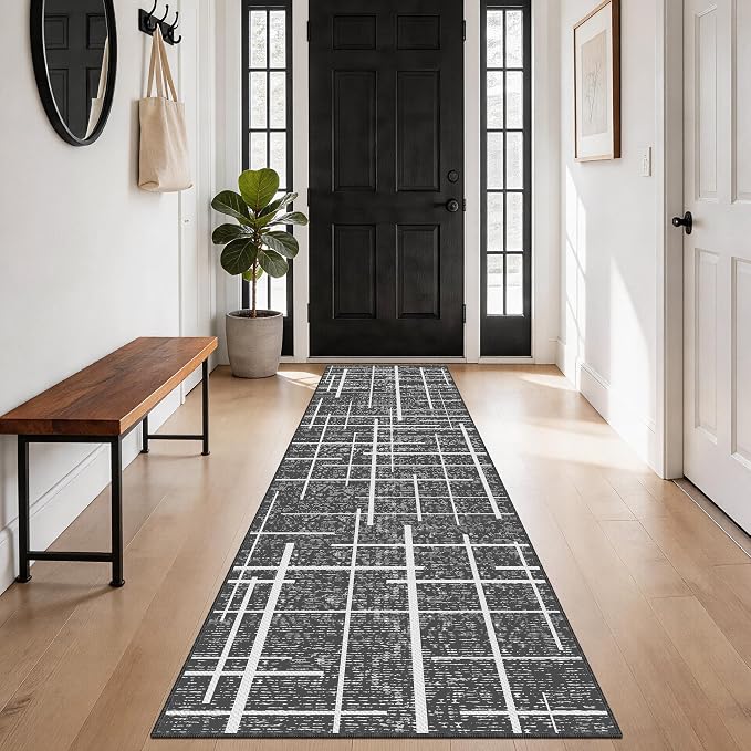 Non Slip Hallway Runner Rug 2x8, Modern Distressed Stripe, Washable Long Rug - Image 9