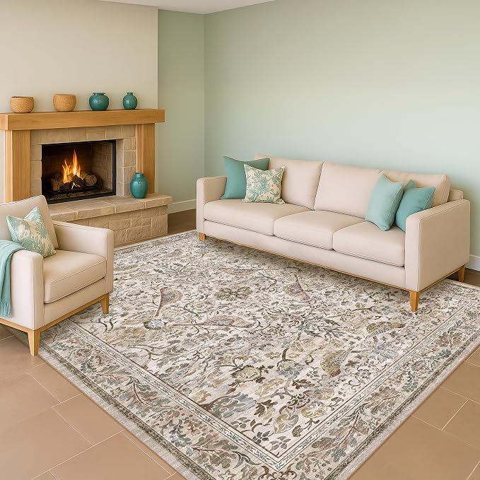 Moss 5x7 Living Room Area Rug, Vintage Washable Rug by HazoHaus