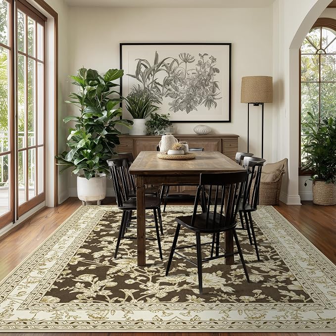 Browm Boho Living Room Rug 5x8, Washable Low Pile Non Slip Area Rugs - Image 2