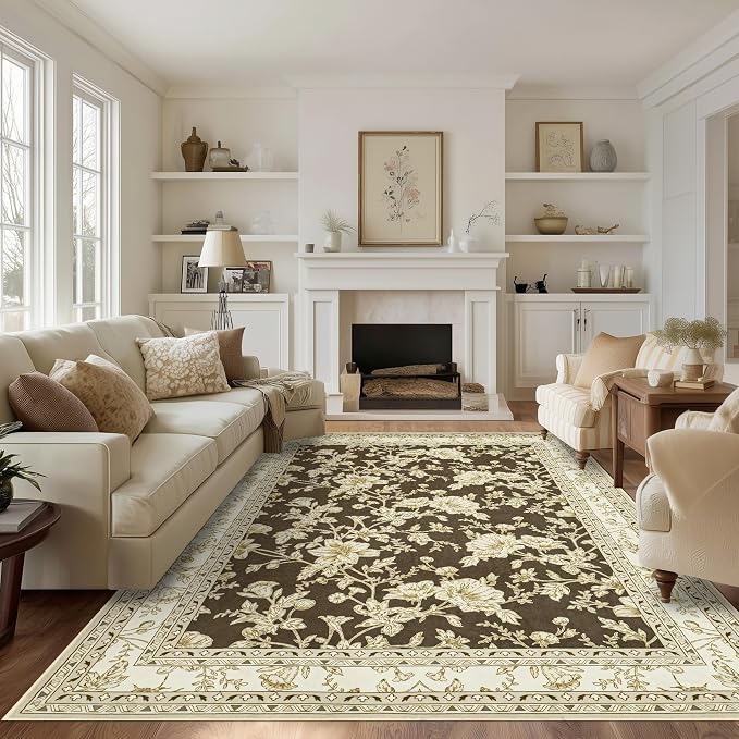 Browm Boho Living Room Rug 5x8, Washable Low Pile Non Slip Area Rugs by BILEEHOME