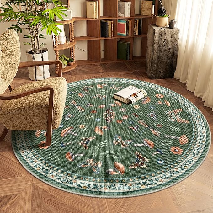Mushroom Insect 4ft Round Rug Washable Non-Slip Soft Ultra-Thin Small Boho by ROYHOME