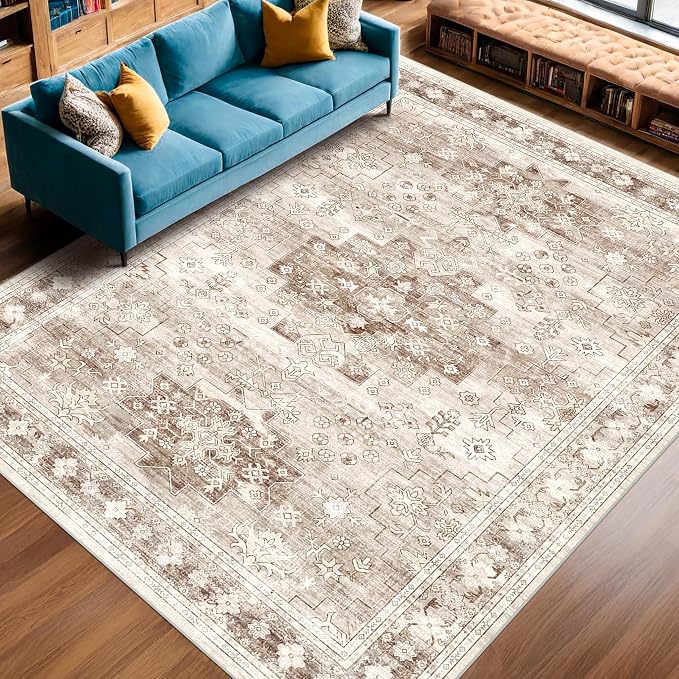 Hazo Haus Beige Farmhouse Washable 7x10 Area Rugs by HazoHaus