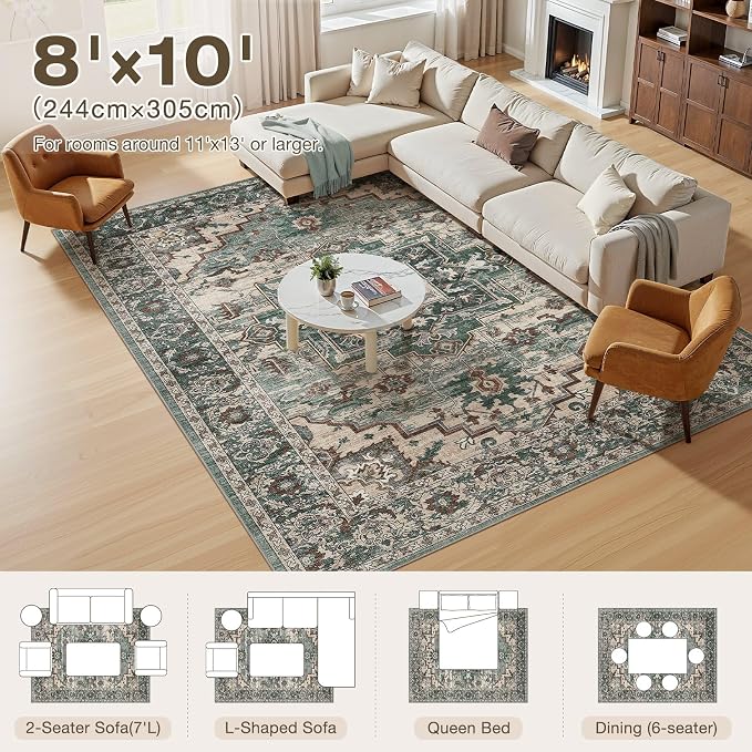 8x10 Area Rugs Living Room: Washable Vintage Rug Large Non-Slip Stain Resistant - Image 8