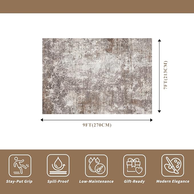 7x9 Modern Living Room Rug – Washable Neutral Abstract Area Rug - Image 2