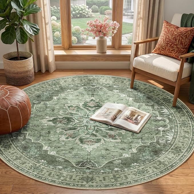RELEANY Area Rugs Round 4ft Washable Non-Slip, Floral Vintage Distress - Image 2