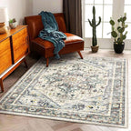 CHAMPLANT 3'x5' Cyan Khaki Vintage Washable Thin Area Rug Traditional Floor by CHAMPLANT