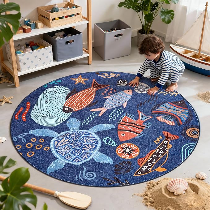 jinchan 5ft Coastal Round Rug Kids Washable Fun Rug Colorful Ocean Fish Floor by JINCHAN