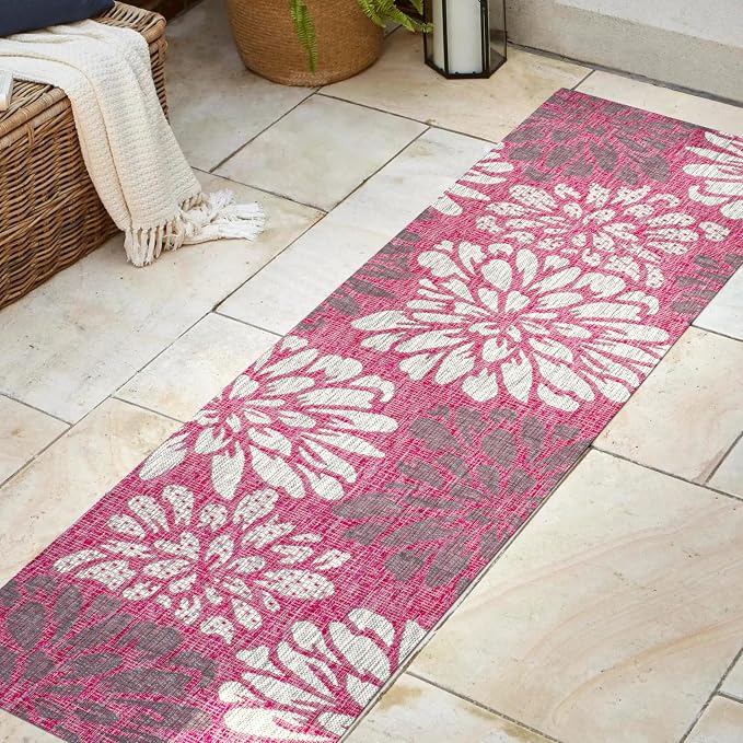 JONATHAN Y Floral Textured Weave Indoor Outdoor Runner Rug 2X8 Fuchsia/Light - Image 3