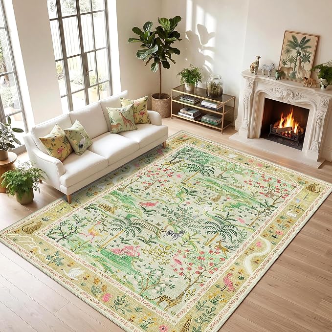 8x10 Washable Rug for Living Room Green Animal Print Large Bedroom Rugs Non by Garvee