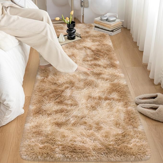 3x10 ft Plush Tie Dyed Light Brown Rug Soft Bedroom Runner Fluffy Cream and - Image 8