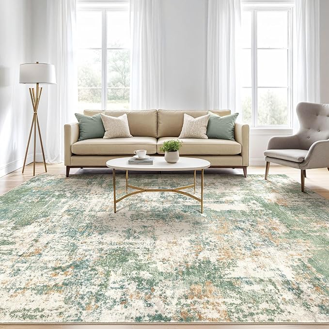 6x8 Area Rug Living Room: Washable Large Abstract Soft Green Rug Stain - Image 5