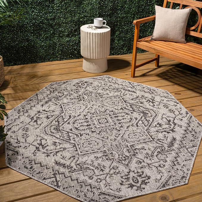 JONATHAN Y Boho Medallion Indoor Outdoor Octagon Area Rug 5 Ft Black/Gray - Image 3