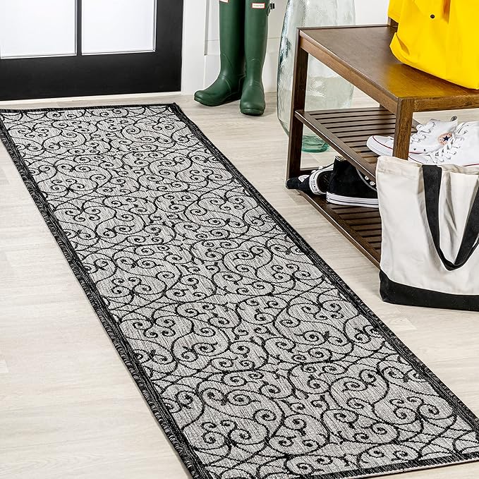 JONATHAN Y Vintage Filigree Indoor Outdoor Runner Rug 2X8 Light Gray/Black by JONATHANY
