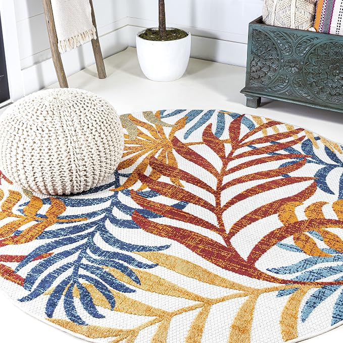 JONATHAN Y Tropics Palm Leaves Indoor Outdoor Round Area Rug 5 Ft Cream/Orange by JONATHANY