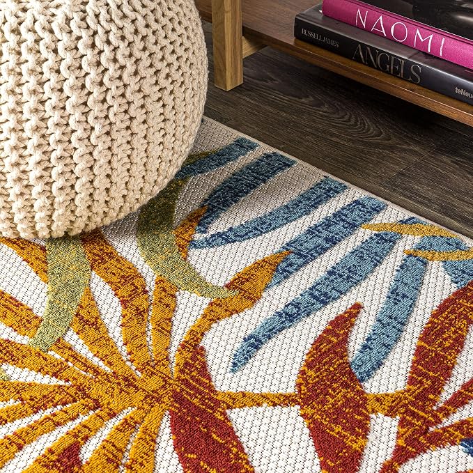 JONATHAN Y Tropics Palm Leaves Indoor Outdoor Round Area Rug 5 Ft Cream/Orange - Image 3