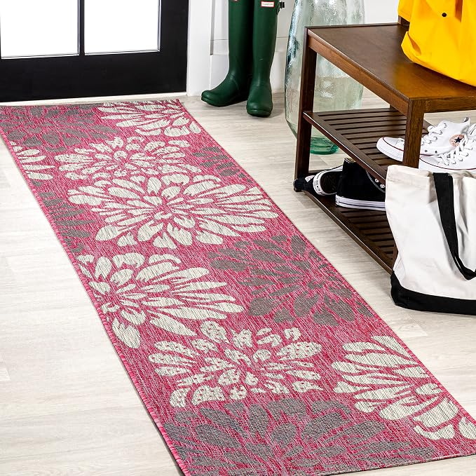 JONATHAN Y Floral Textured Weave Indoor Outdoor Runner Rug 2X8 Fuchsia/Light by JONATHANY