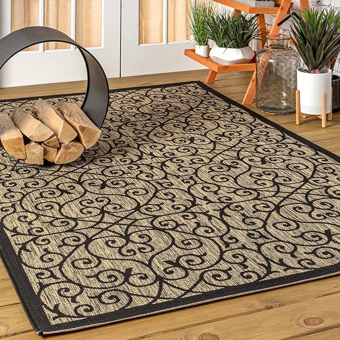 JONATHAN Y Vintage Filigree Indoor Outdoor Area Rug 8X10 Black/Khaki, Madrid - Image 7