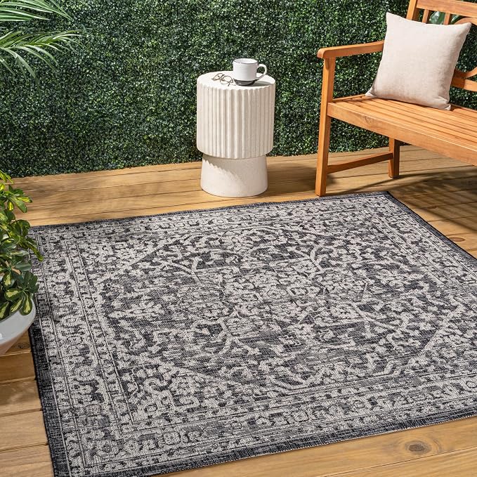 JONATHAN Y Boho Medallion Indoor Outdoor Square Area Rug 5X5 Black/Gray by JONATHANY