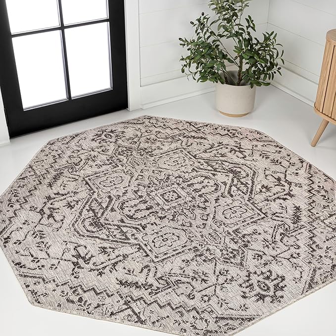 JONATHAN Y Boho Medallion Indoor Outdoor Octagon Area Rug 5 Ft Black/Gray by JONATHANY