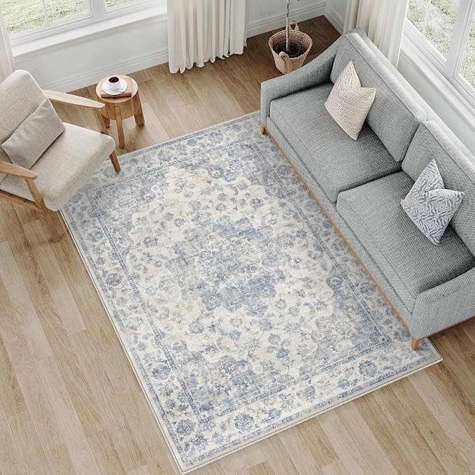 4x6 Washable Neutral Area Rug Blue Vintage Entryway Office Carpet Non-Slip Soft - Image 2