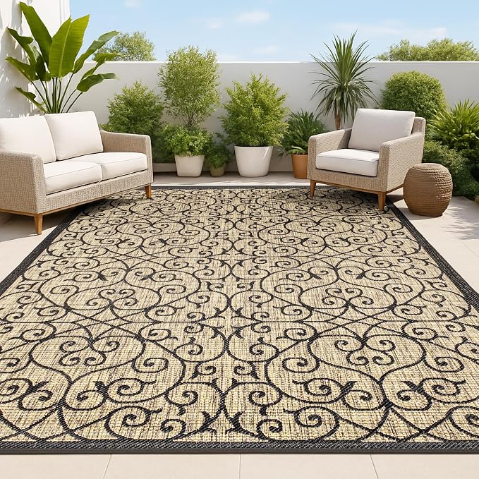 JONATHAN Y Vintage Filigree Indoor Outdoor Area Rug 8X10 Black/Khaki, Madrid by JONATHANY