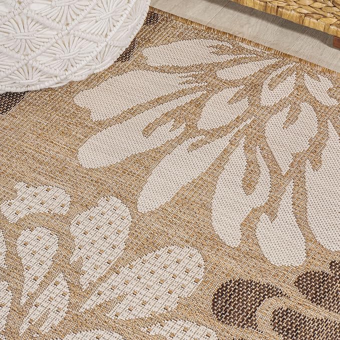 JONATHAN Y Floral Textured Weave Indoor Outdoor Round Area Rug 5 Ft Brown/Cream - Image 3