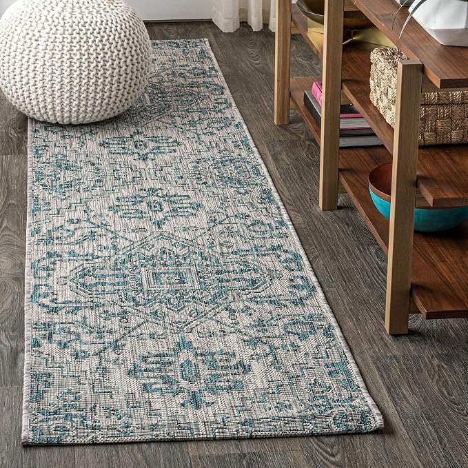 JONATHAN Y Boho Medallion Indoor Outdoor Runner Rug 2X8 Teal/Gray, Estrella by JONATHANY
