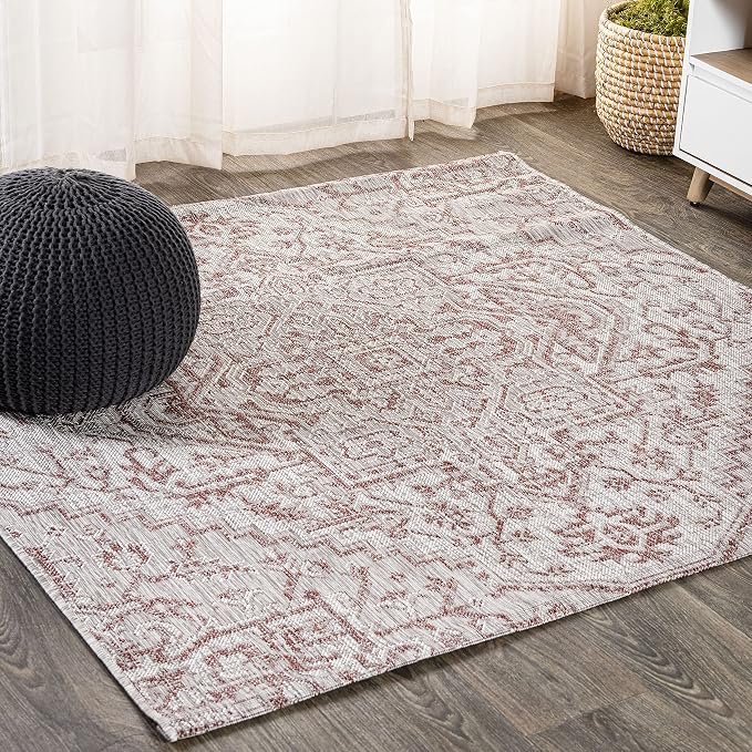 JONATHAN Y Boho Medallion Indoor Outdoor Square Area Rug 9X9 Red/Taupe by JONATHANY