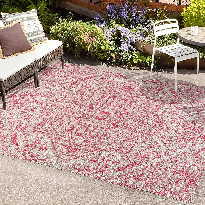 JONATHAN Y Boho Medallion Indoor Outdoor Area Rug 3X5 Light Gray/Fuchsia - Image 3