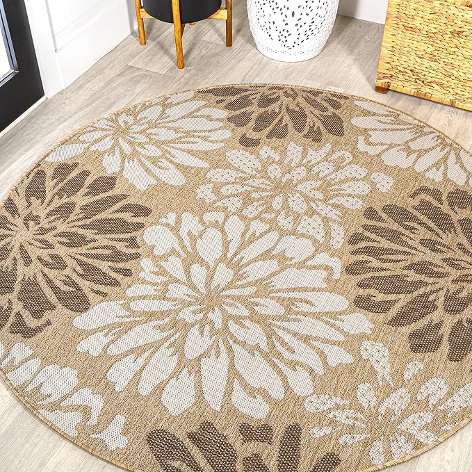 JONATHAN Y Floral Textured Weave Indoor Outdoor Round Area Rug 3 Ft Brown/Cream by JONATHANY