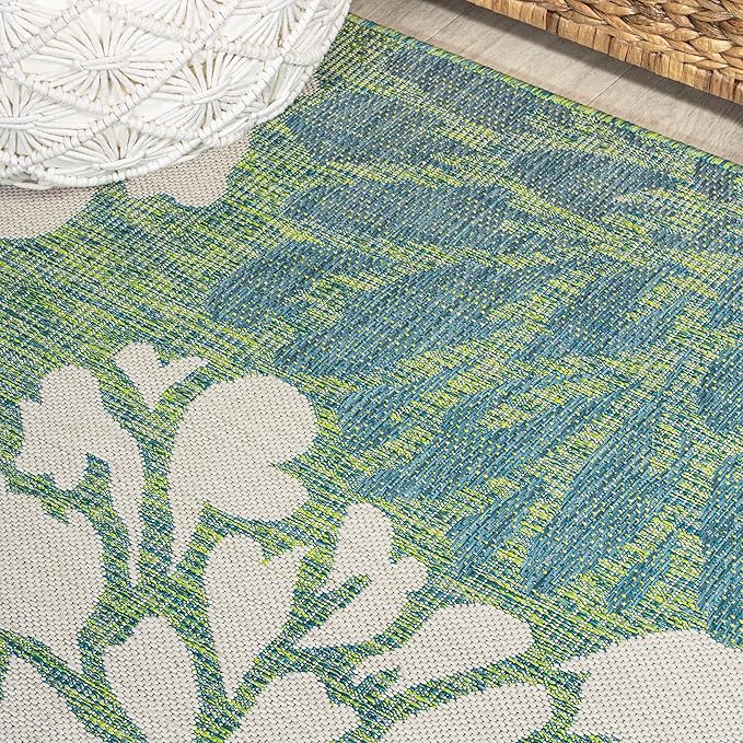 JONATHAN Y Floral Textured Weave Indoor Outdoor Round Area Rug 6 Ft Cream/Green - Image 6