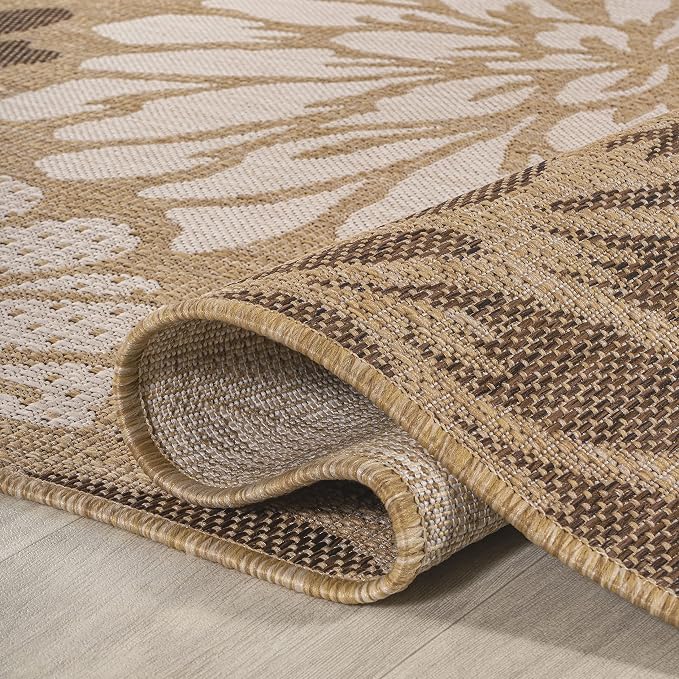 JONATHAN Y Floral Textured Weave Indoor Outdoor Round Area Rug 3 Ft Brown/Cream - Image 3