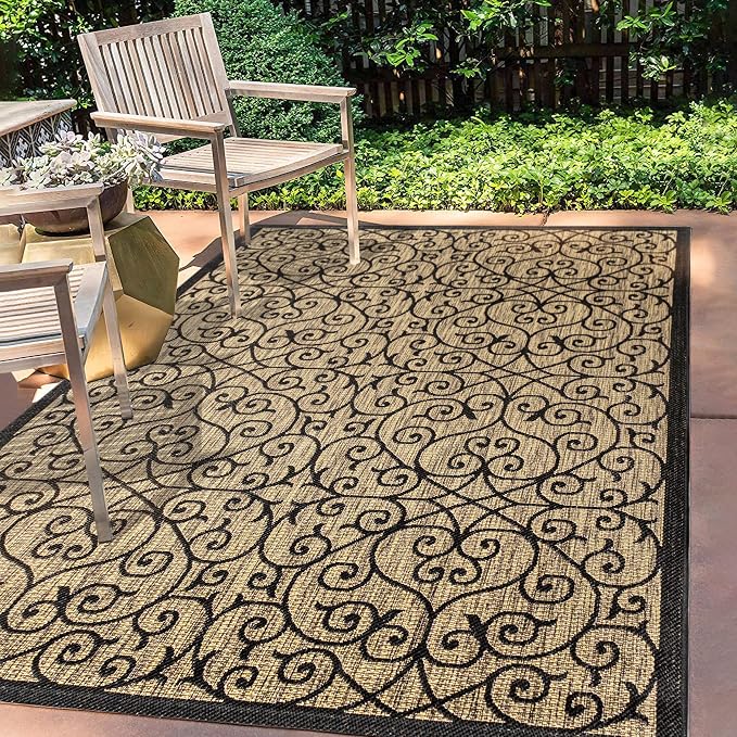 JONATHAN Y Vintage Filigree Indoor Outdoor Area Rug 8X10 Black/Khaki, Madrid - Image 3