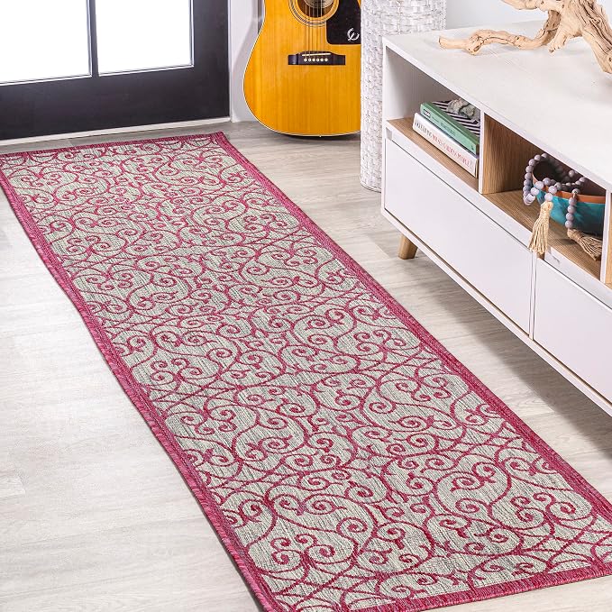 JONATHAN Y Vintage Filigree Indoor Outdoor Runner Rug 2X8 Light Gray/Fuchsia by JONATHANY