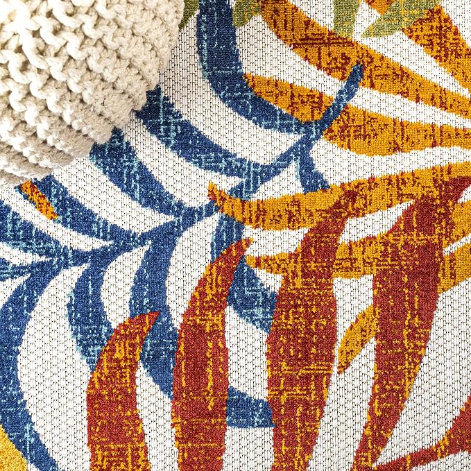 JONATHAN Y Tropics Palm Leaves Indoor Outdoor Round Area Rug 5 Ft Cream/Orange - Image 4
