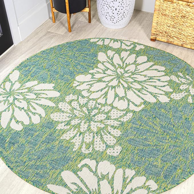 JONATHAN Y Floral Textured Weave Indoor Outdoor Round Area Rug 6 Ft Cream/Green by JONATHANY